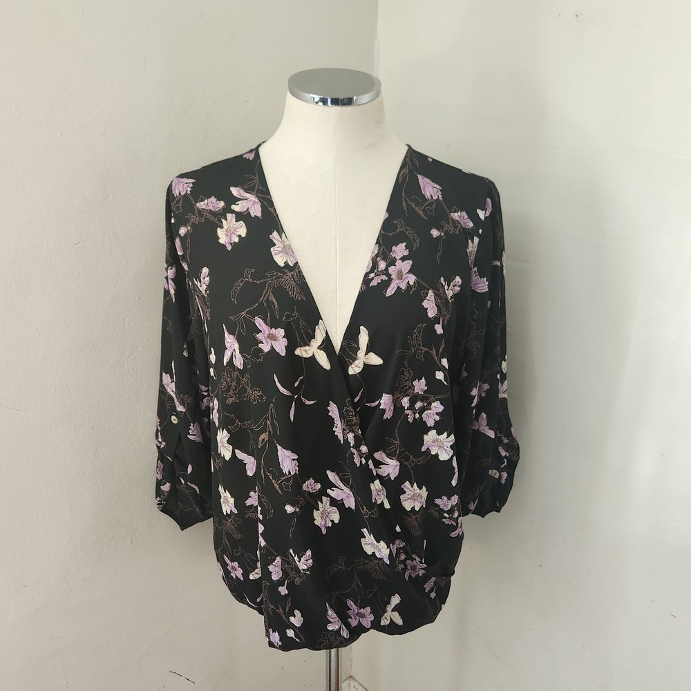 West Kei Womens Floral Surplice Wrap Blouse Black Purple 3/4 Sleeve L